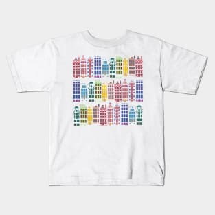 Facades of old canal houses from Amsterdam City rainbow color illustration Kids T-Shirt